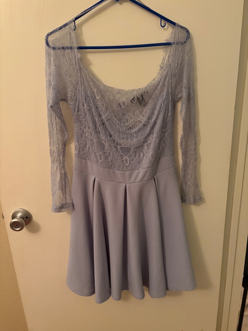 Revamped Lace Long Sleeve Fit-and-Flare Dress in Light Gray